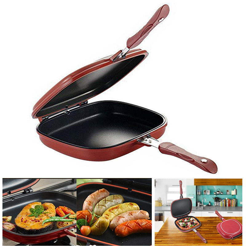 28cm Double Side Grill Fry Pan Cookware Stainless Steel Double Face Pan Steak Fry Pan Kitchen Accessories Cooking Tool